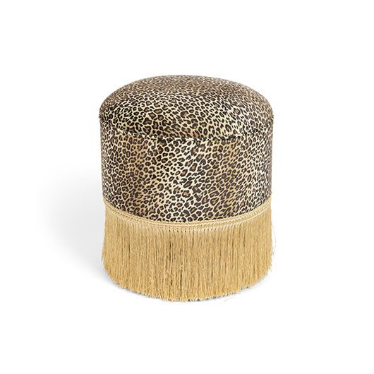 Leopard Fringe Pouf Ottoman 16"